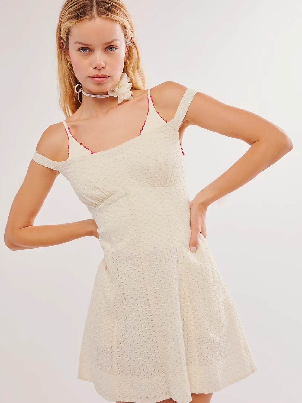 Free People Cream Eyelet Off-Shoulder Mini Dress